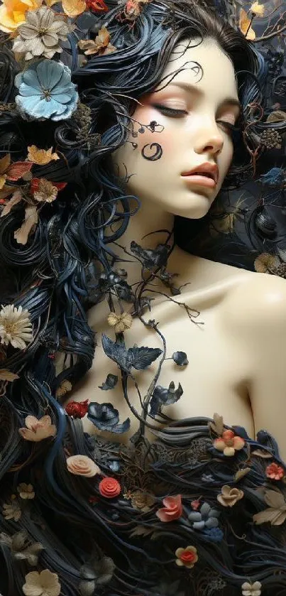 Enchanting floral art wallpaper with a woman and dark colors.