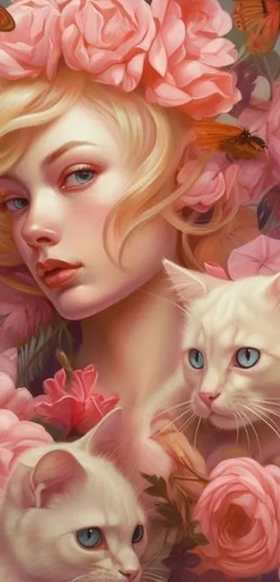 Artistic mobile wallpaper featuring a woman with pink roses and white cats.