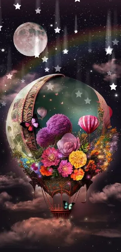 Floral hot air balloon in starry sky with rainbow.