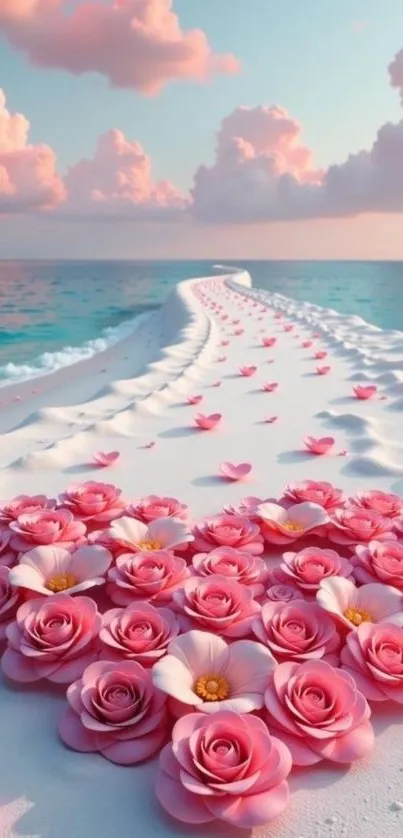 Pathway with pink roses leading to the sea under a pastel sky.