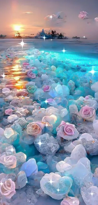 Dreamy beach scene with pastel roses at sunset.