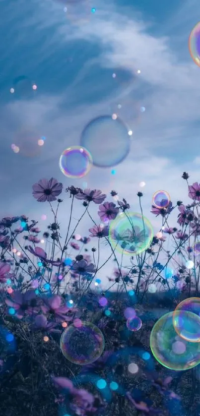 Dreamy floral wallpaper with purple flowers and bubbles against a blue sky.