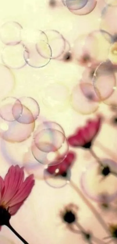 Dreamy floral wallpaper with bubbles and soft pink tones.