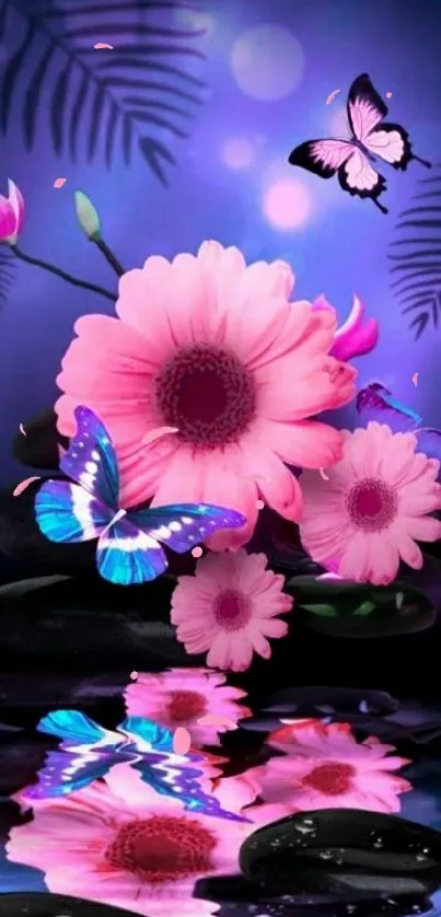 Vibrant flowers and butterflies in serene purple theme.