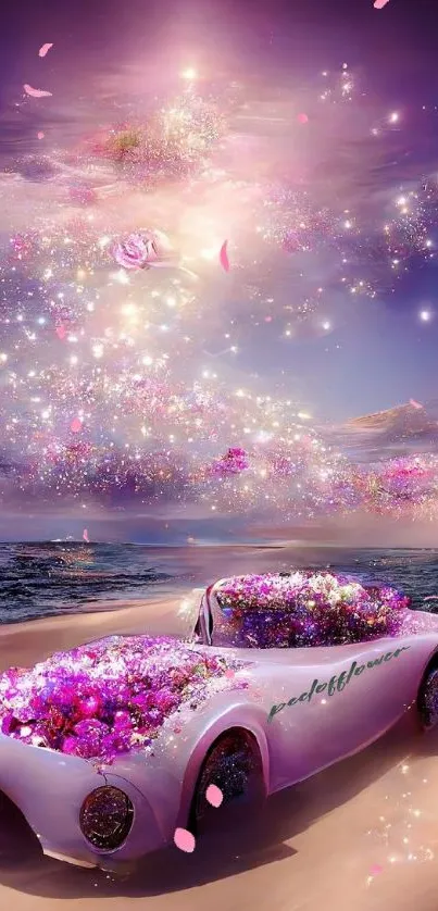 A dreamy floral car in a magical, sparkling beach scene.