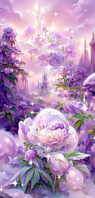 Whimsical fantasy wallpaper with purple flowers and a magical castle.