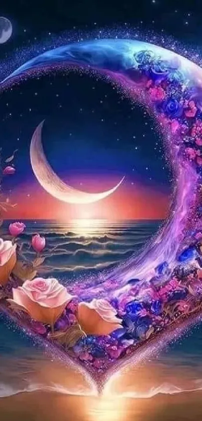 Crescent moon with flowers at twilight.