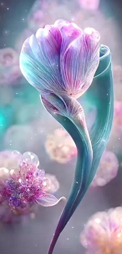 Dreamy digital art featuring a vivid purple flower and teal accents.