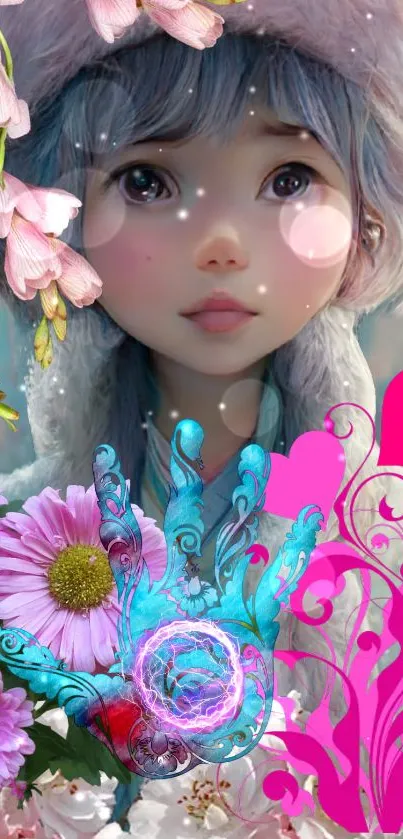 Whimsical digital art with flowers and a pastel girl.