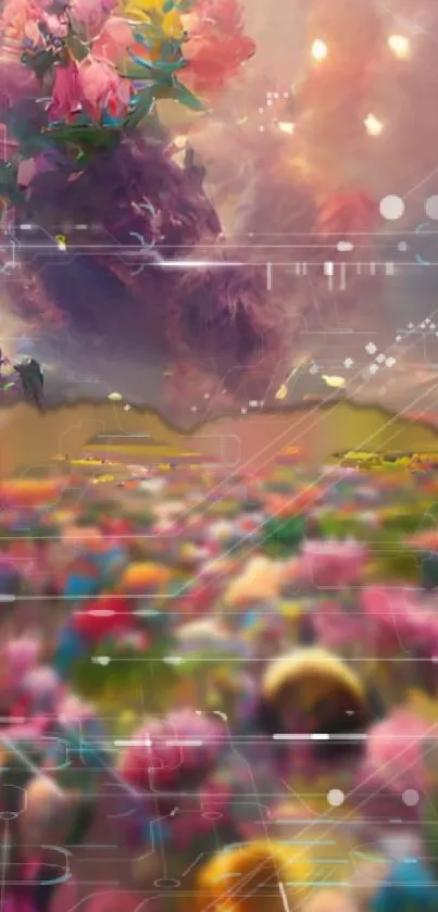 Surreal digital art with floating flowers and dreamy landscape.