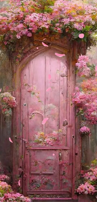 Whimsical pink floral door with blooms.