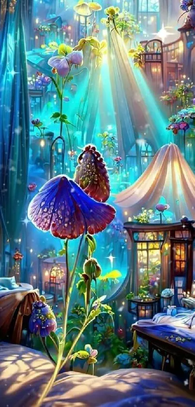 Enchanting room wallpaper with dreamy flowers and colorful magical ambiance.