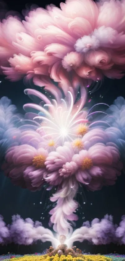 Dreamy explosion of pink clouds with vibrant floral patterns.