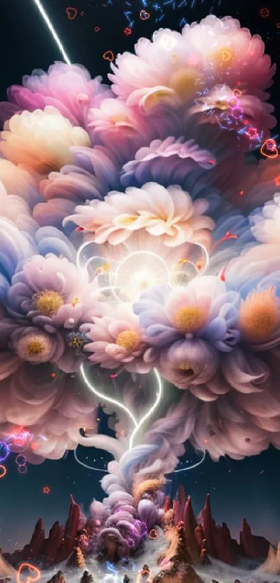 Dreamy wallpaper of pastel floral explosion in a fantasy scene with ethereal colors.