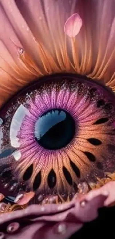 Surreal mobile wallpaper with a vibrant eye within a flower.