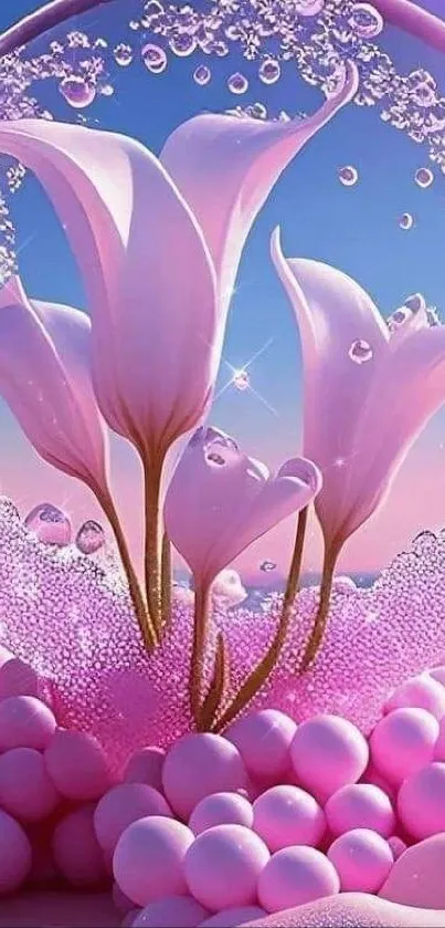 Dreamy pink flower bubble wallpaper with artistic lilies.