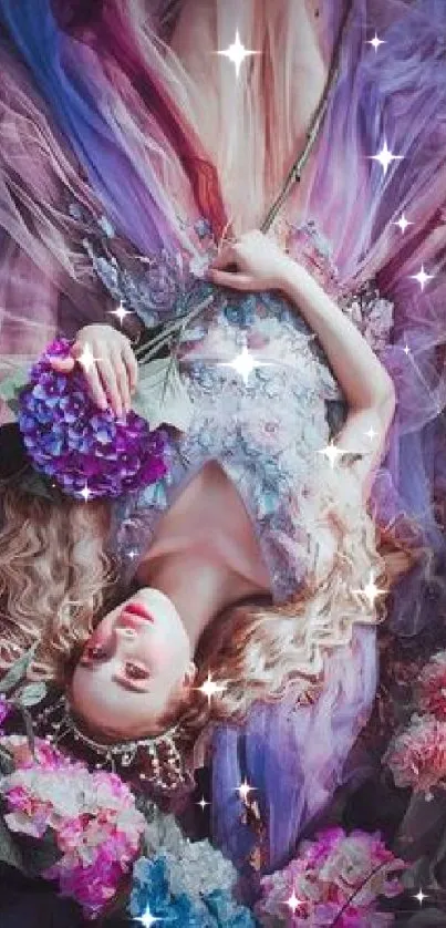 Woman in a purple dress surrounded by flowers in fantasy art style.