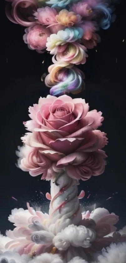 Dreamy pink floral fantasy art with clouds against a dark background.