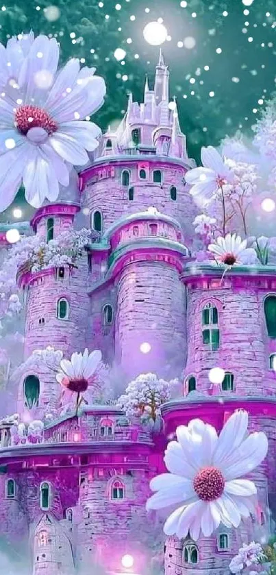 Dreamy fantasy castle surrounded by flowers in purple hues.