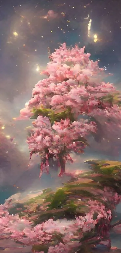 Dreamy wallpaper with pink blossoms and cosmic background, creating a surreal atmosphere.