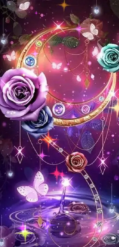 Vibrant fantasy wallpaper with roses and butterflies in purple hues.