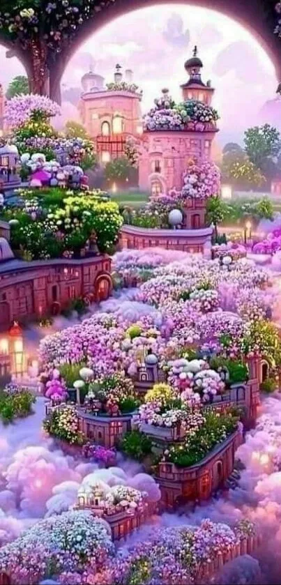 Dreamlike floral fantasy landscape with magical gardens and blossoms.