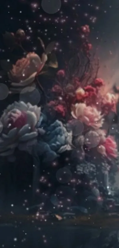 Dark floral fantasy mobile wallpaper with ethereal effects and mystical blooms.