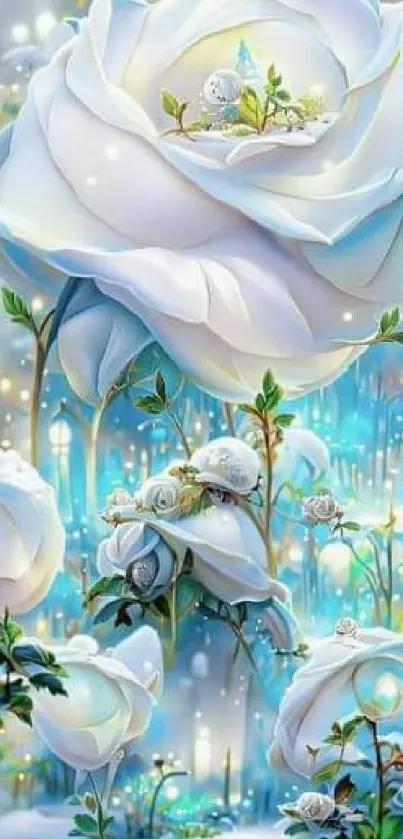 Whimsical white roses in a fantasy scene with magical light effects.