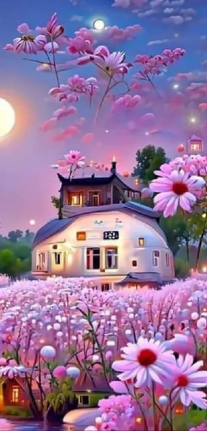 Cottage in a pink flower field under a moonlit sky.