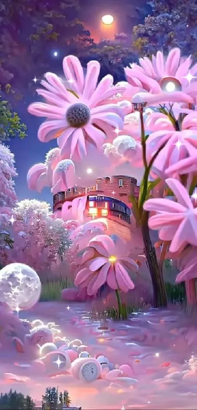 Dreamy fantasy wallpaper with pink flowers under a vibrant night sky.