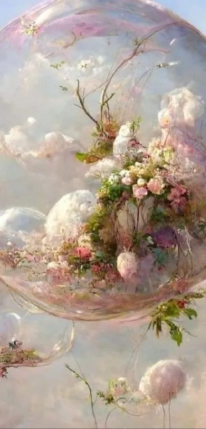 Dreamy bubbles with flowers and clouds in a fantasy landscape wallpaper.