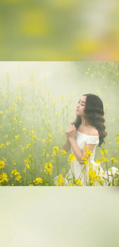 Woman in white dress amidst yellow flowers in a misty field.