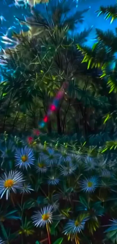 A dreamy, glowing forest with vibrant floral patterns.