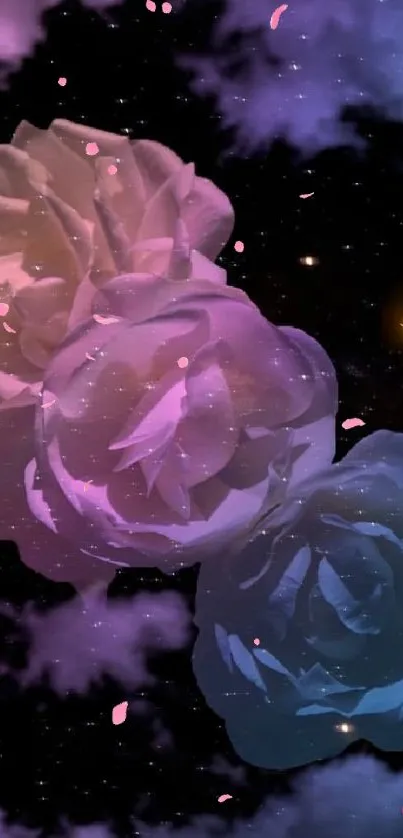 Vibrant roses in a starry galaxy backdrop with a crescent moon.