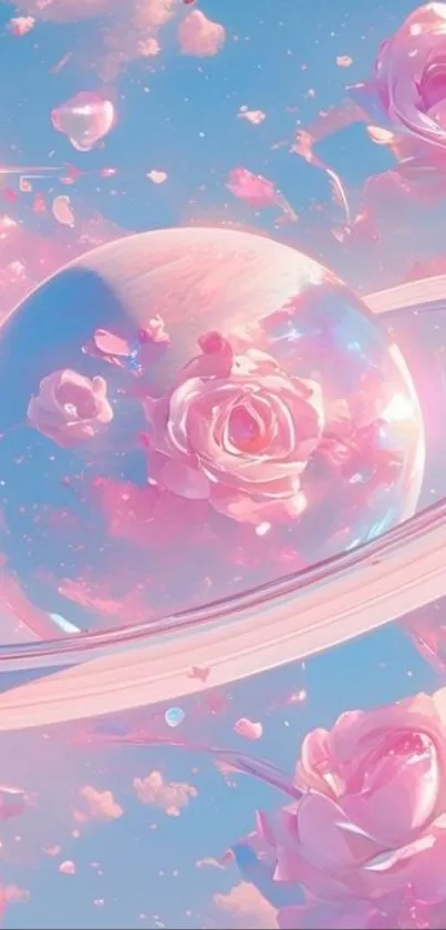 Dreamy floral galaxy with pink roses in space.