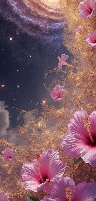 Dreamy galaxy art with pink flowers and cosmic elements.