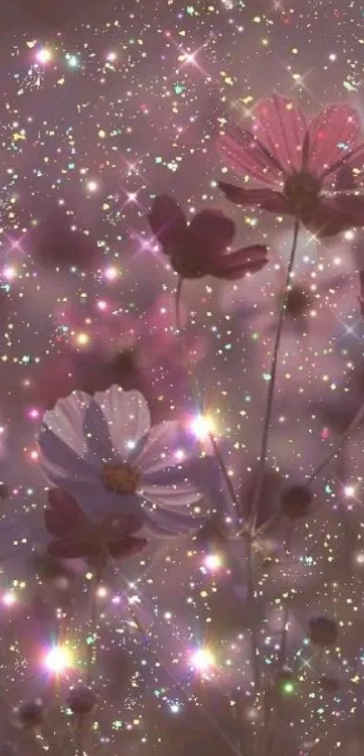 Dreamy floral wallpaper with sparkling stars on a pink background.