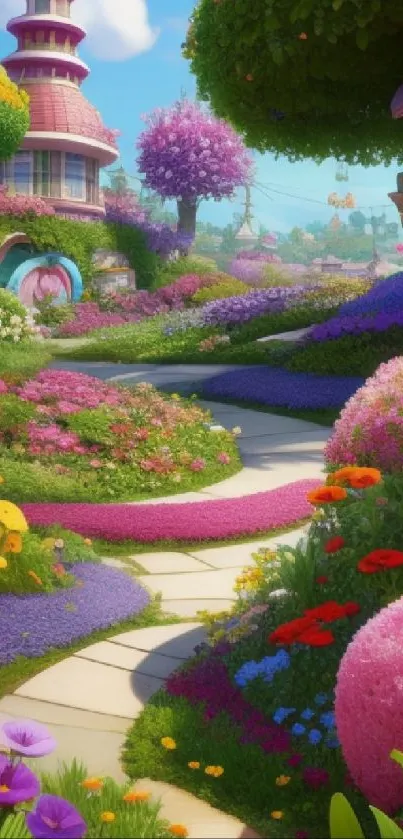 Colorful garden path with vibrant flowers in a fantasy setting.