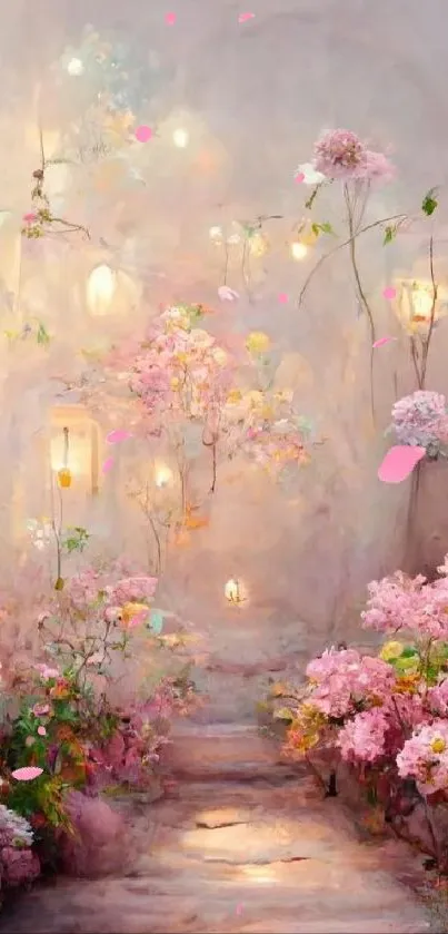 Dreamy floral garden path with glowing lanterns amidst pink blossoms.