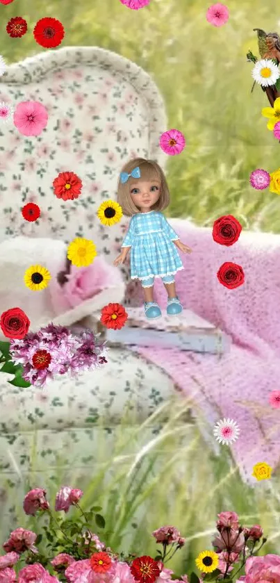 Charming floral wallpaper with doll in a vibrant garden setting.