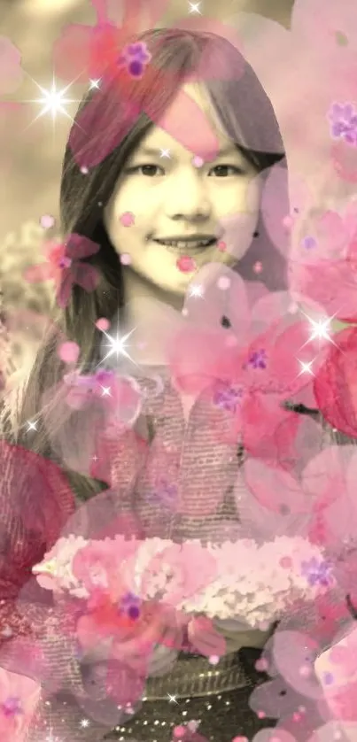 Dreamy floral wallpaper with pink blossoms and a smiling girl.