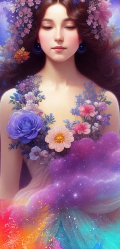 Dreamy floral goddess with vibrant colors and celestial backdrop.