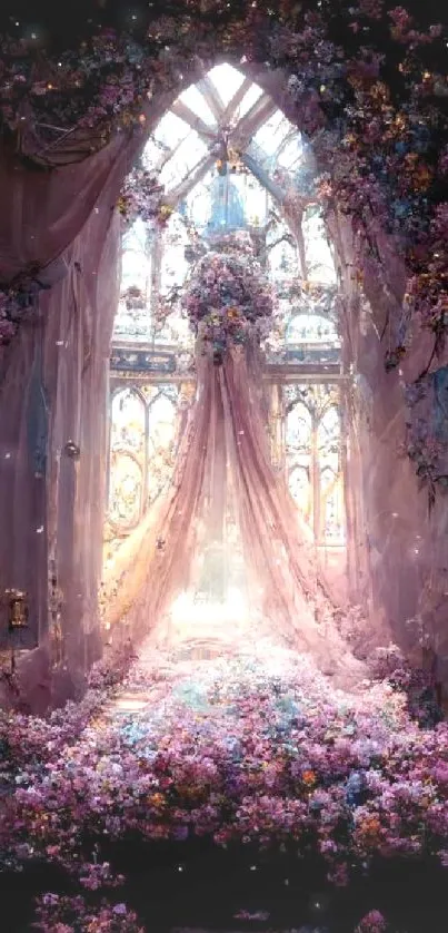 Dreamy gothic interior with pink flowers cascading in a cathedral-like setting.