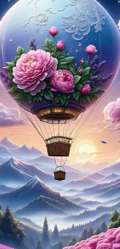 Floral hot air balloon over mountains at sunset, vibrant and dreamy.