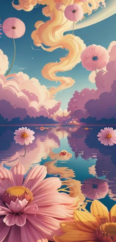 Dreamy wallpaper featuring pastel clouds, flowers, and reflective water.