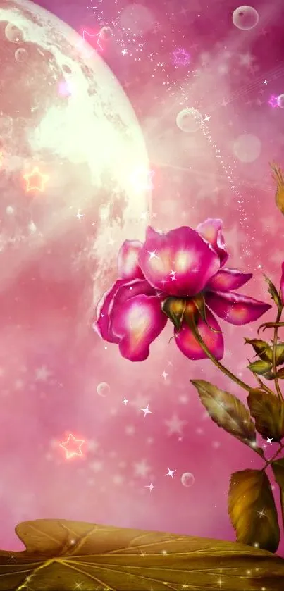 Enchanting pink rose wallpaper with moon and sparkles.