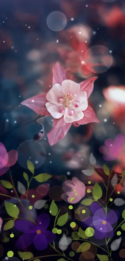 Dreamy mobile wallpaper with floral and bokeh effects.