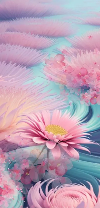 Dreamy floral wallpaper with pink blossoms and blue swirls.