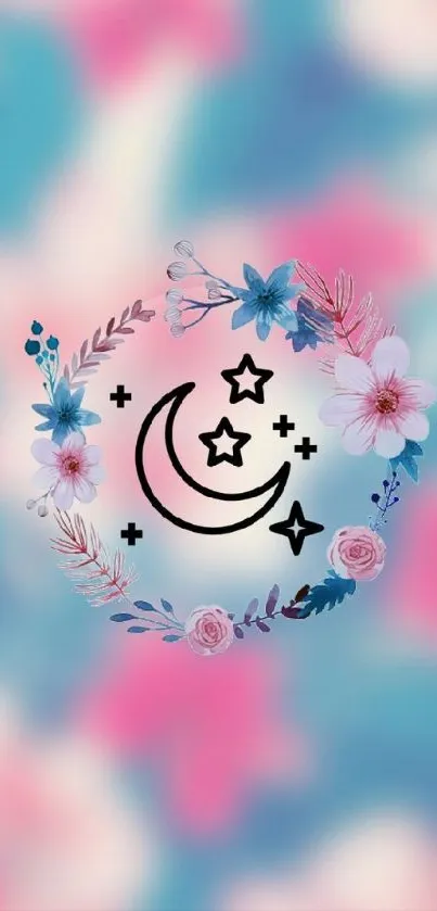 Floral moon with stars on a pastel blue and pink background.