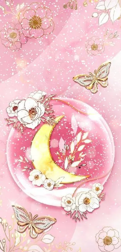 Dreamy pink wallpaper with moon, flowers, and butterflies.